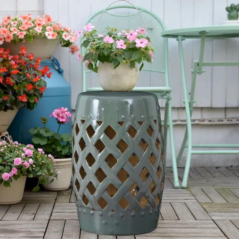 Patio Decorative End Table, Ceramic Garden Table with Woven Lattice Design & Glazed Strong Materials, Green