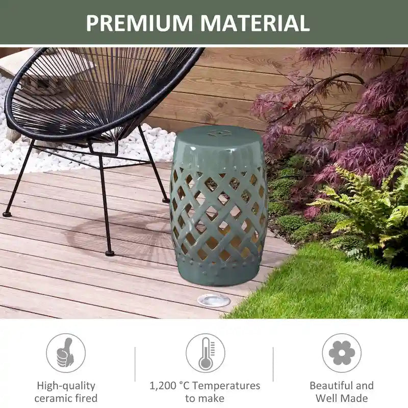 Patio Decorative End Table, Ceramic Garden Table with Woven Lattice Design & Glazed Strong Materials, Green