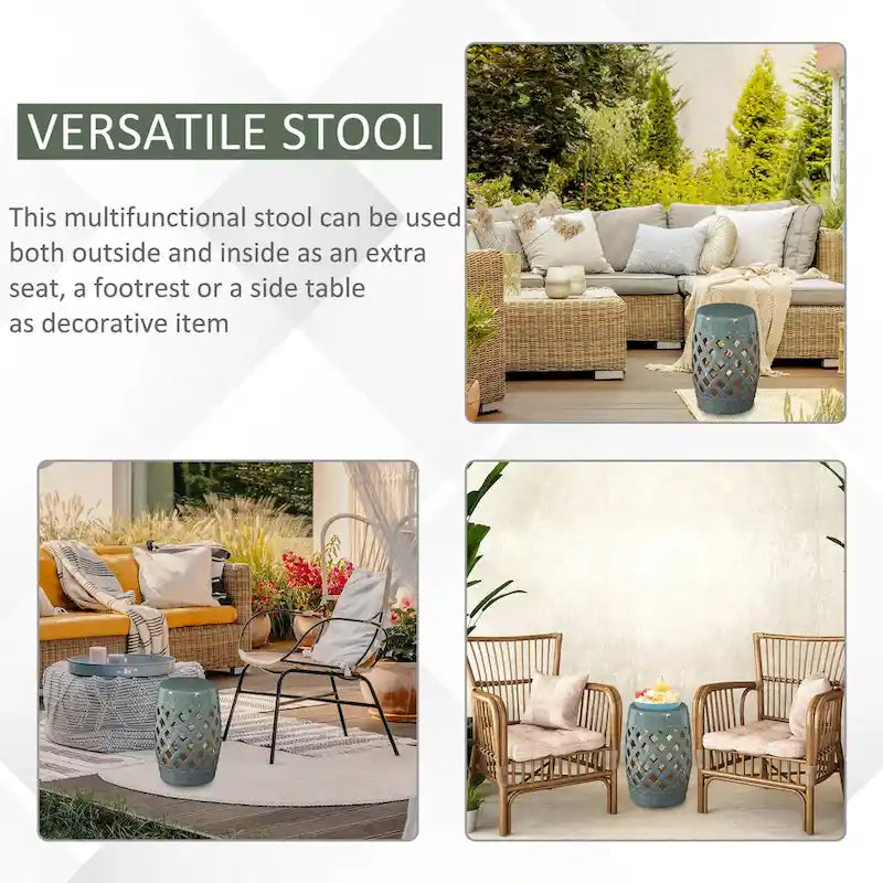 Patio Decorative End Table, Ceramic Garden Table with Woven Lattice Design & Glazed Strong Materials, Green