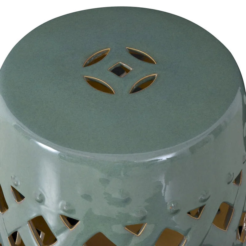 Patio Decorative End Table, Ceramic Garden Table with Woven Lattice Design & Glazed Strong Materials, Green