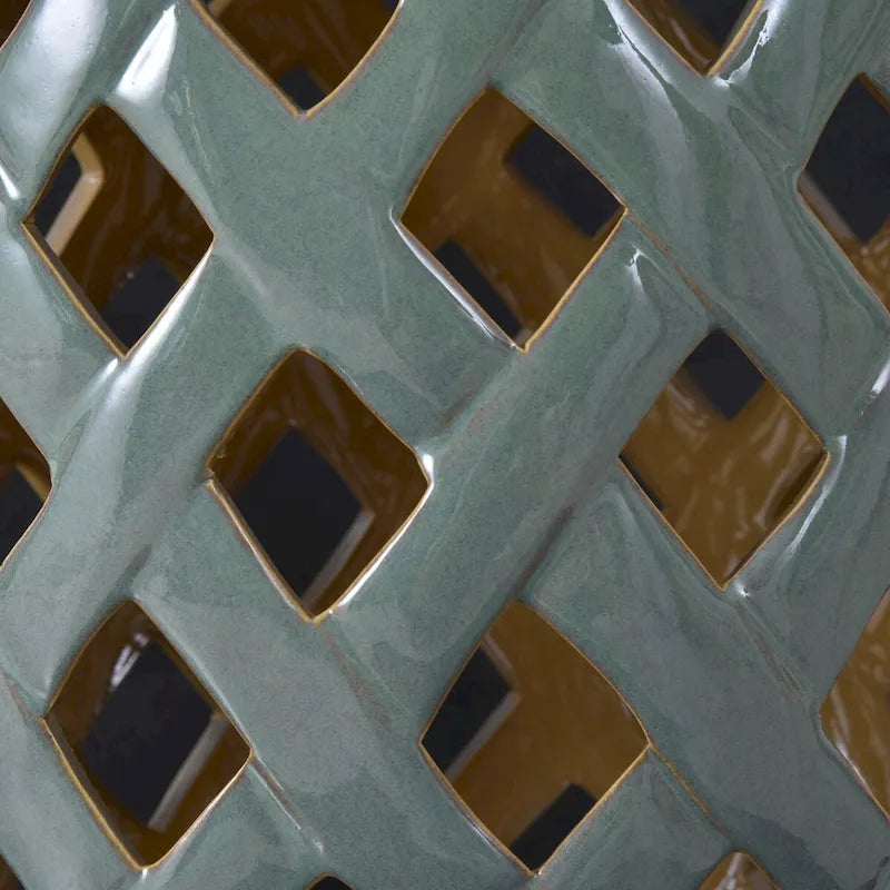 Patio Decorative End Table, Ceramic Garden Table with Woven Lattice Design & Glazed Strong Materials, Green