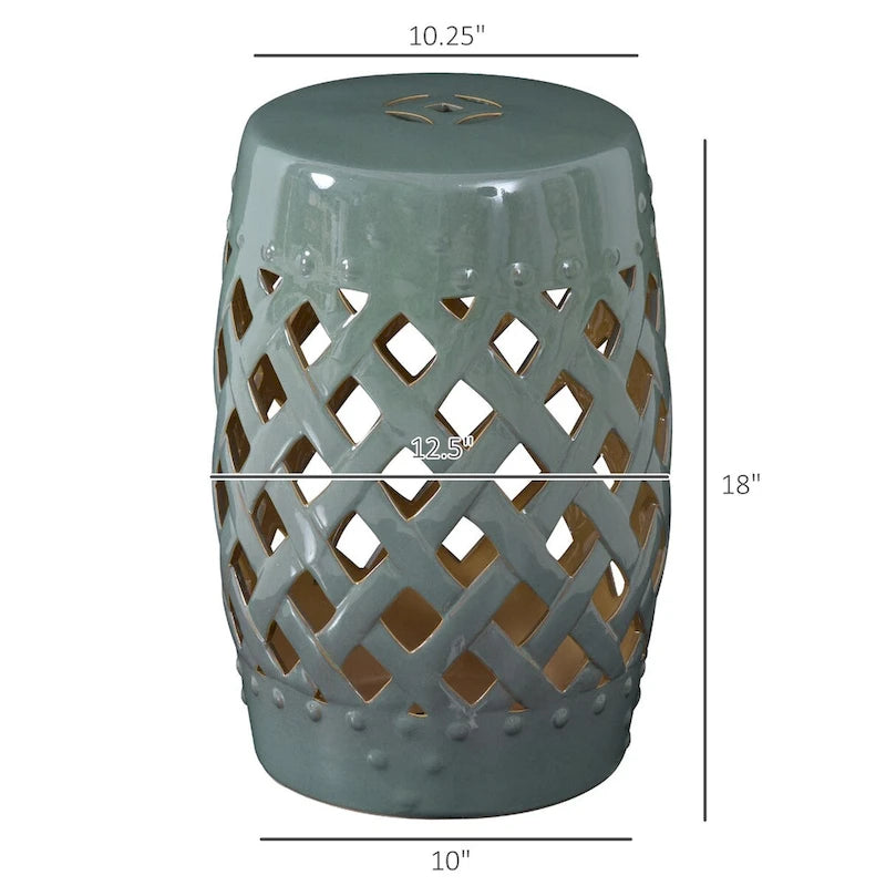Patio Decorative End Table, Ceramic Garden Table with Woven Lattice Design & Glazed Strong Materials, Green