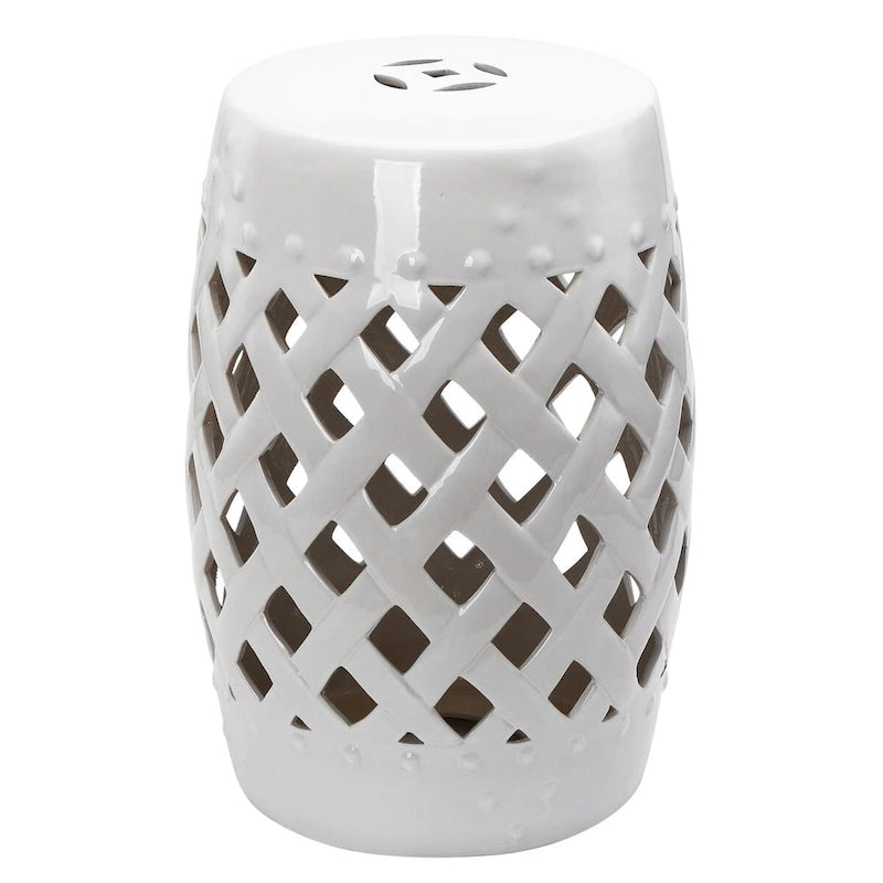 Patio Decorative End Table, Ceramic Garden Table with Woven Lattice Design & Glazed Strong Materials, Green