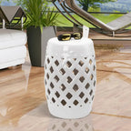 Patio Decorative End Table, Ceramic Garden Table with Woven Lattice Design & Glazed Strong Materials, Green