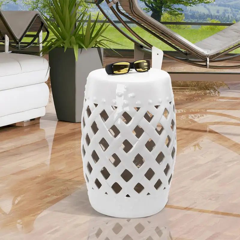 Patio Decorative End Table, Ceramic Garden Table with Woven Lattice Design & Glazed Strong Materials, Green