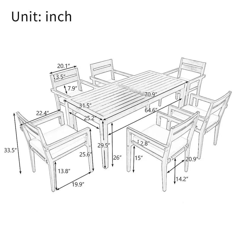 7 Patio Dining Set, Acacia Wood Rectangular Outdoor Dining Table with Chairs