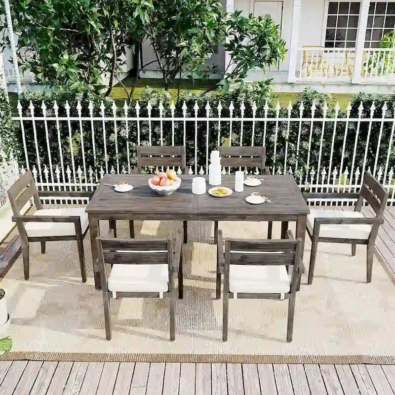 7 Patio Dining Set, Acacia Wood Rectangular Outdoor Dining Table with Chairs