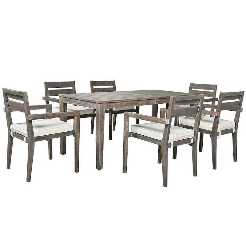 7 Patio Dining Set, Acacia Wood Rectangular Outdoor Dining Table with Chairs