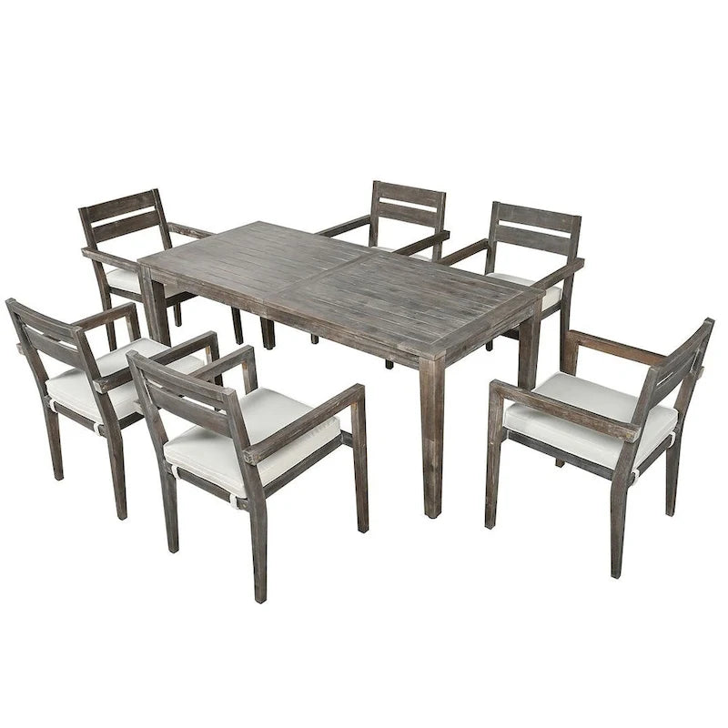 7 Patio Dining Set, Acacia Wood Rectangular Outdoor Dining Table with Chairs
