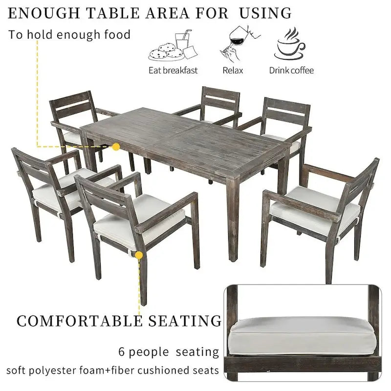7 Patio Dining Set, Acacia Wood Rectangular Outdoor Dining Table with Chairs
