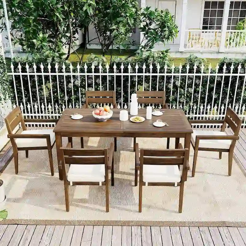 7 Patio Dining Set, Acacia Wood Rectangular Outdoor Dining Table with Chairs