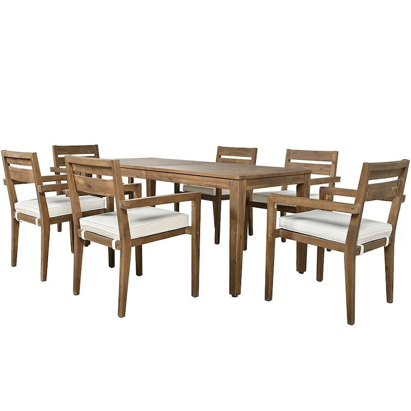 7 Patio Dining Set, Acacia Wood Rectangular Outdoor Dining Table with Chairs