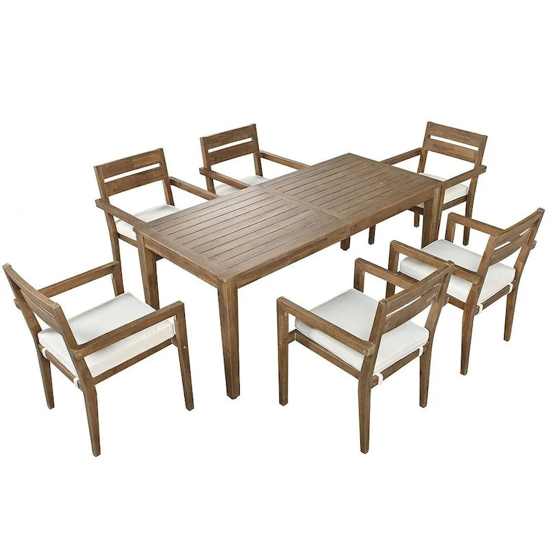 7 Patio Dining Set, Acacia Wood Rectangular Outdoor Dining Table with Chairs