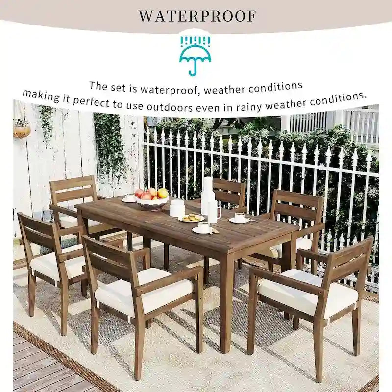7 Patio Dining Set, Acacia Wood Rectangular Outdoor Dining Table with Chairs