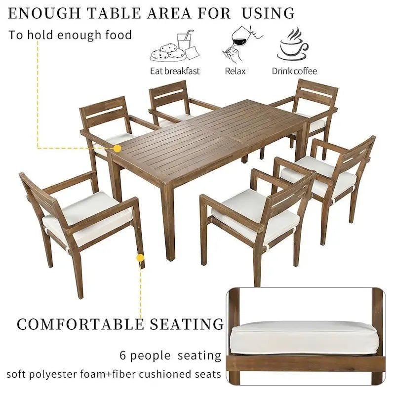 7 Patio Dining Set, Acacia Wood Rectangular Outdoor Dining Table with Chairs