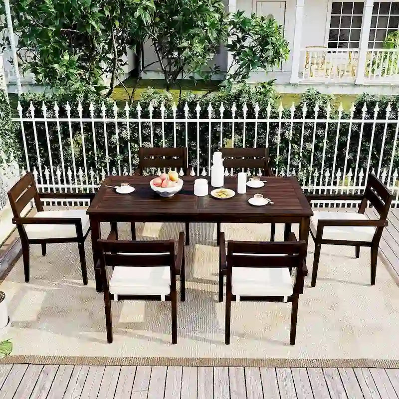 7 Patio Dining Set, Acacia Wood Rectangular Outdoor Dining Table with Chairs