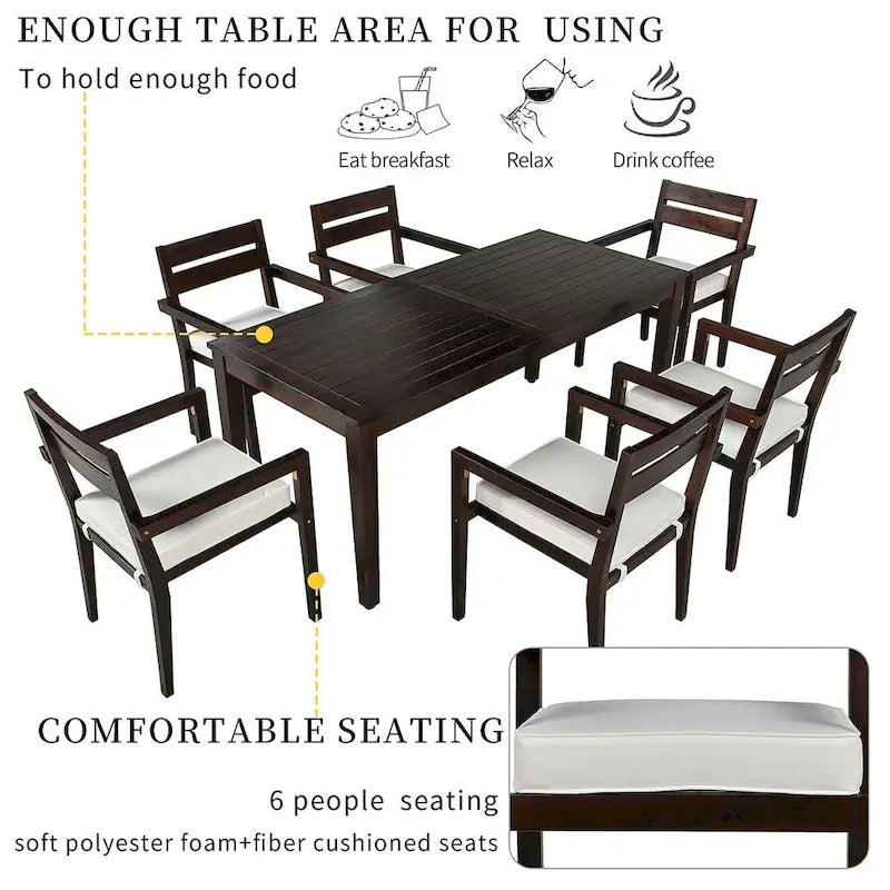 7 Patio Dining Set, Acacia Wood Rectangular Outdoor Dining Table with Chairs