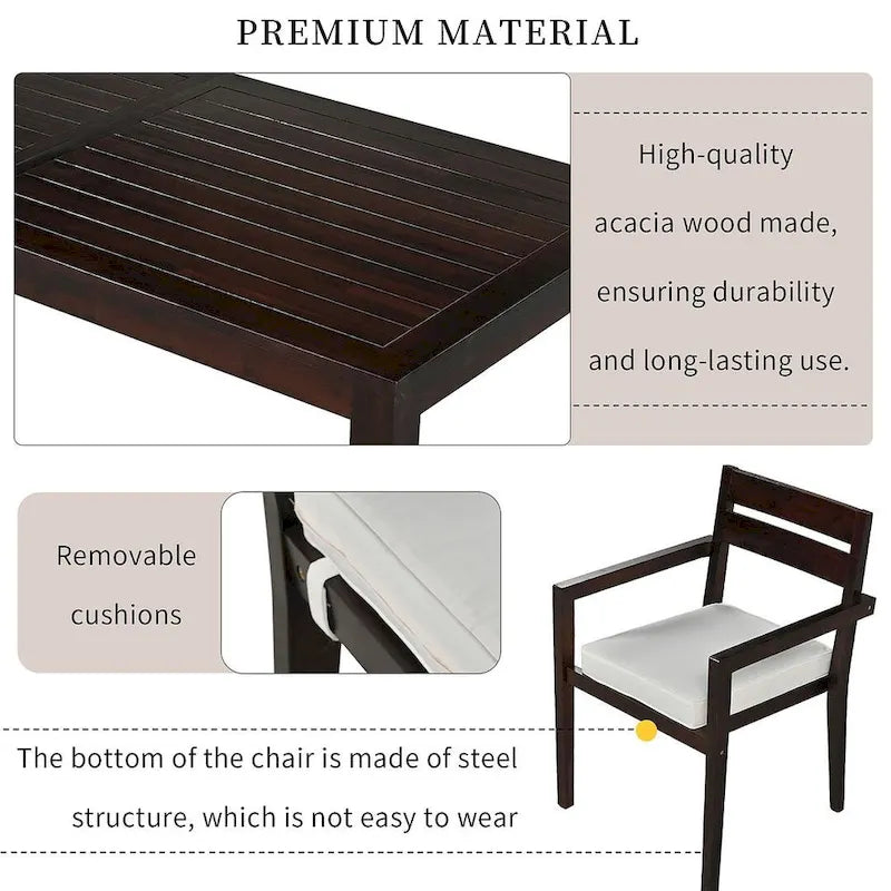 7 Patio Dining Set, Acacia Wood Rectangular Outdoor Dining Table with Chairs