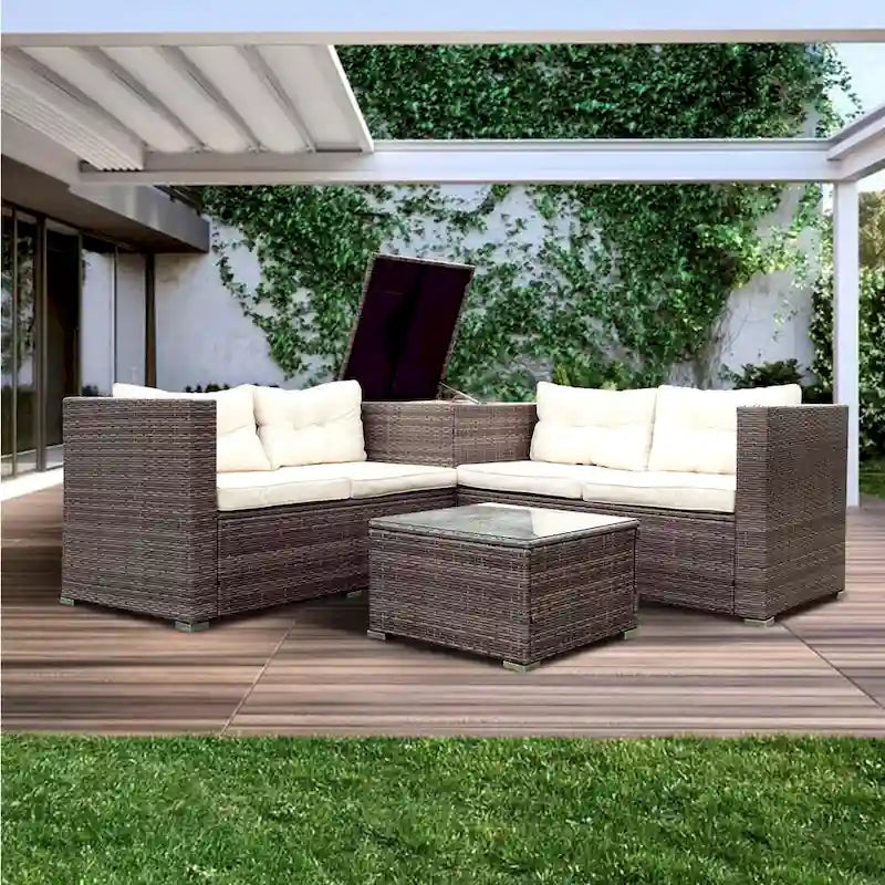 Beige 4-Piece Patio Sectional Wicker Rattan Sofa Set with Storage