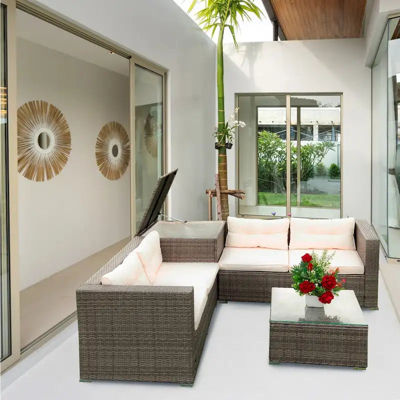 Beige 4-Piece Patio Sectional Wicker Rattan Sofa Set with Storage
