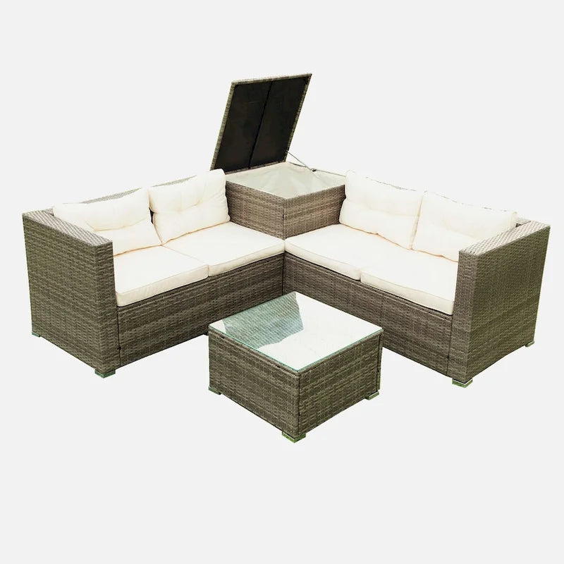 Beige 4-Piece Patio Sectional Wicker Rattan Sofa Set with Storage