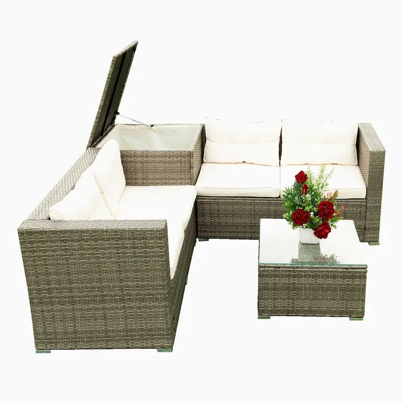 Beige 4-Piece Patio Sectional Wicker Rattan Sofa Set with Storage