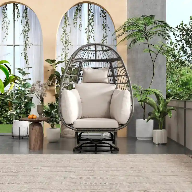 Outdoor Swivel Chair with Cushions, Rattan Egg Patio Chair with Rocking Function for Balcony(Grey Wicker + Beige Cushion)