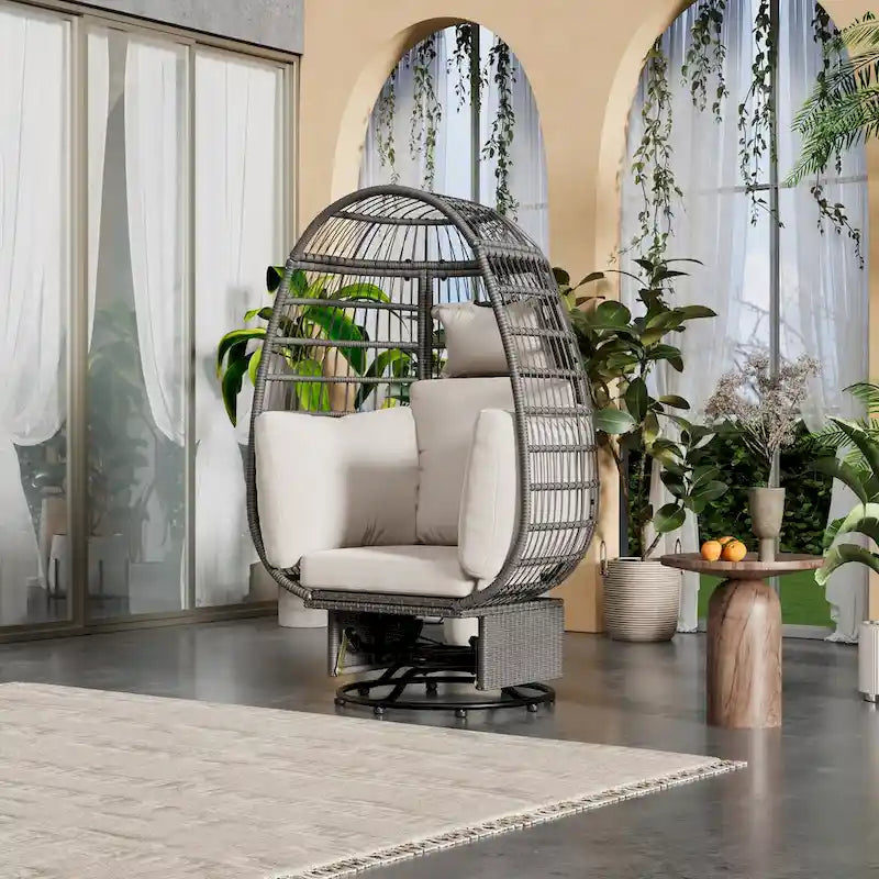 Outdoor Swivel Chair with Cushions, Rattan Egg Patio Chair with Rocking Function for Balcony(Grey Wicker + Beige Cushion)