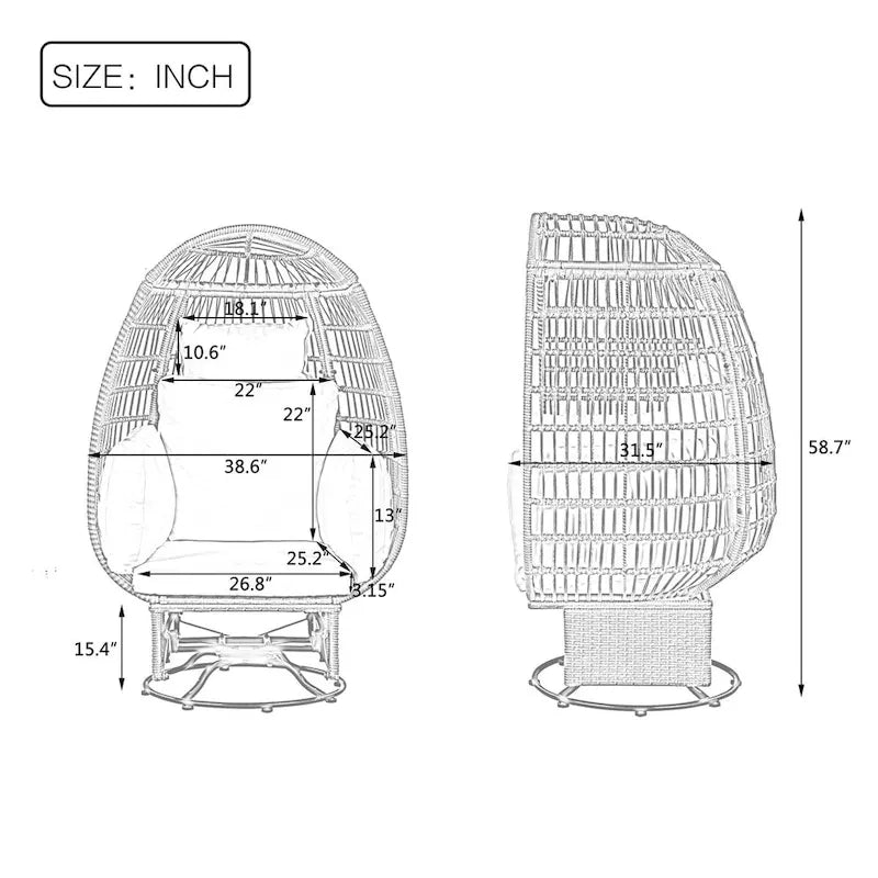 Outdoor Swivel Chair with Cushions, Rattan Egg Patio Chair with Rocking Function for Balcony(Grey Wicker + Beige Cushion)