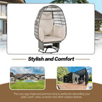 Outdoor Swivel Chair with Cushions, Rattan Egg Patio Chair with Rocking Function for Balcony(Grey Wicker + Beige Cushion)