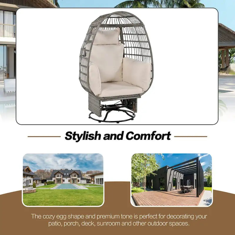 Outdoor Swivel Chair with Cushions, Rattan Egg Patio Chair with Rocking Function for Balcony(Grey Wicker + Beige Cushion)