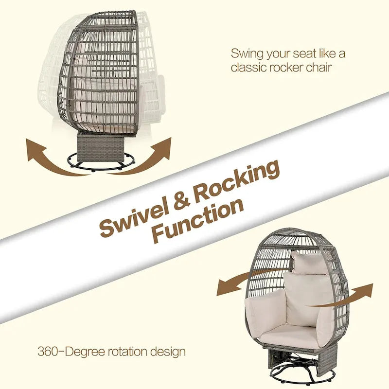 Outdoor Swivel Chair with Cushions, Rattan Egg Patio Chair with Rocking Function for Balcony(Grey Wicker + Beige Cushion)