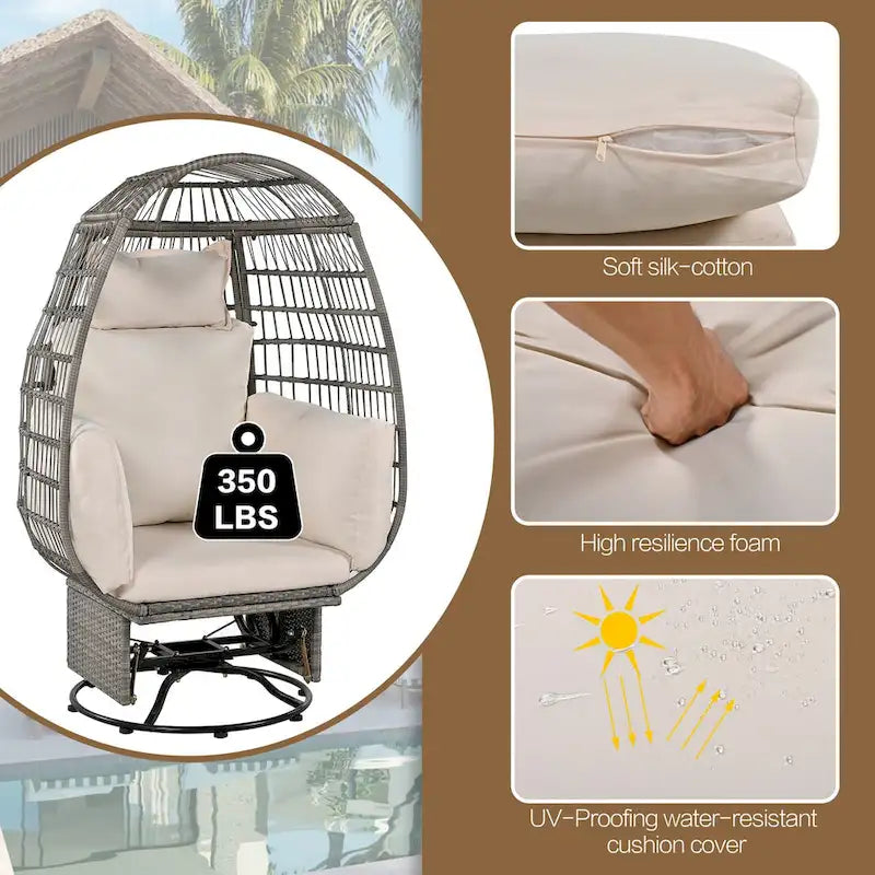 Outdoor Swivel Chair with Cushions, Rattan Egg Patio Chair with Rocking Function for Balcony(Grey Wicker + Beige Cushion)