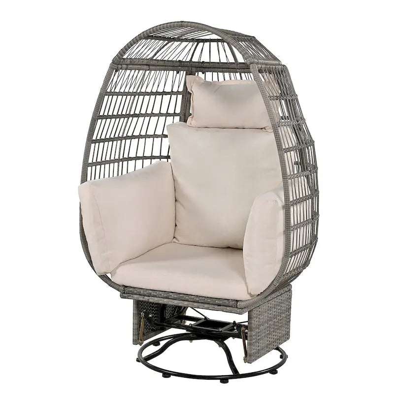 Outdoor Swivel Chair with Cushions, Rattan Egg Patio Chair with Rocking Function for Balcony(Grey Wicker + Beige Cushion)
