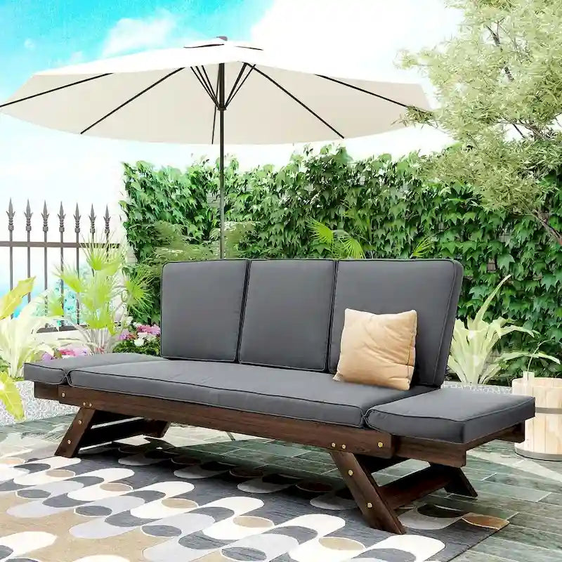 Outdoor Adjustable Wooden Daybed Sofa Chaise Lounge with Cushions