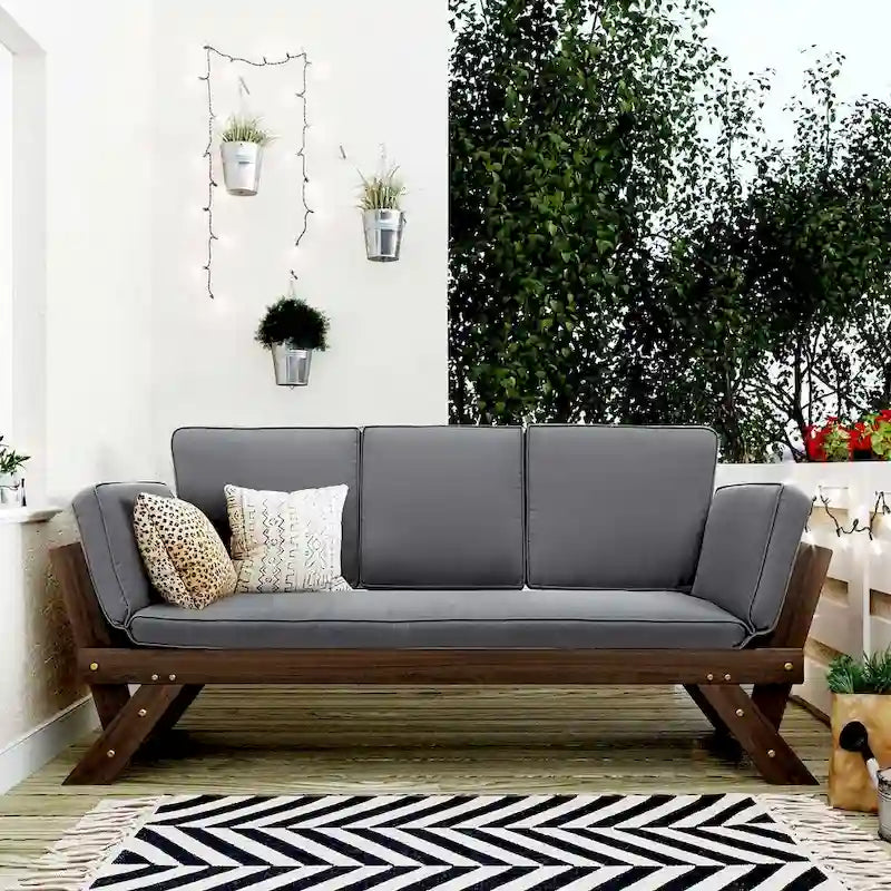 Outdoor Adjustable Wooden Daybed Sofa Chaise Lounge with Cushions
