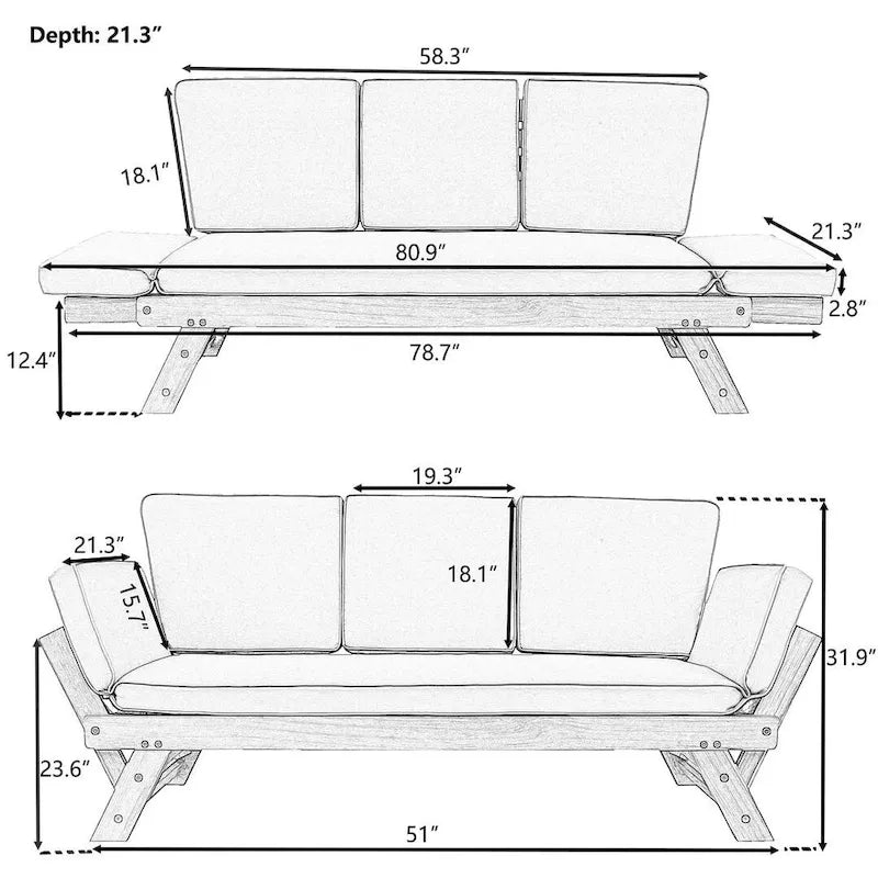 Outdoor Adjustable Wooden Daybed Sofa Chaise Lounge with Cushions