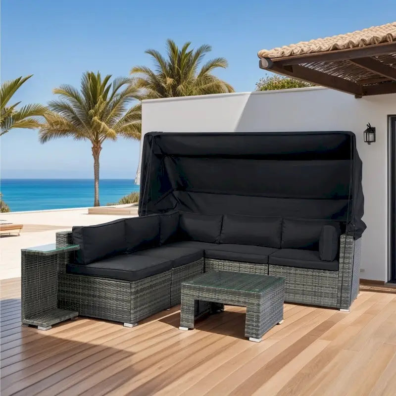 7-Piece Patio Furniture Set with Retractable Canopy - Grey Wicker, Black Cushions
