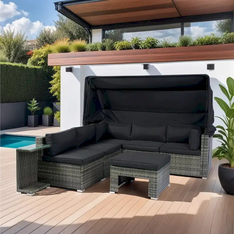 7-Piece Patio Furniture Set with Retractable Canopy - Grey Wicker, Black Cushions