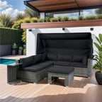 7-Piece Patio Furniture Set with Retractable Canopy - Grey Wicker, Black Cushions