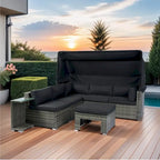 7-Piece Patio Furniture Set with Retractable Canopy - Grey Wicker, Black Cushions