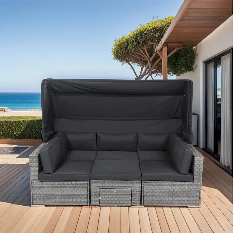 7-Piece Patio Furniture Set with Retractable Canopy - Grey Wicker, Black Cushions