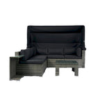 7-Piece Patio Furniture Set with Retractable Canopy - Grey Wicker, Black Cushions