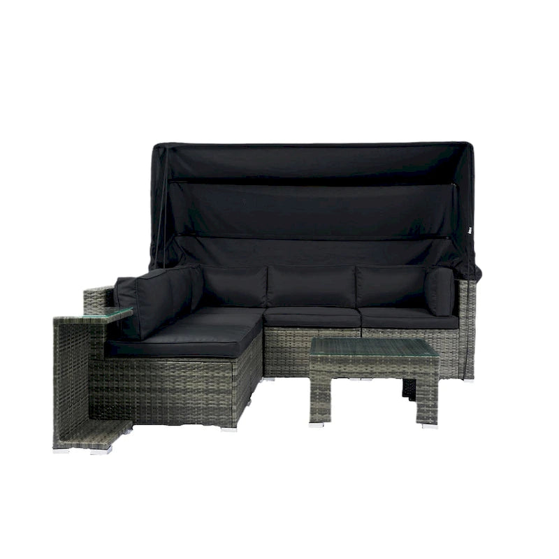 7-Piece Patio Furniture Set with Retractable Canopy - Grey Wicker, Black Cushions
