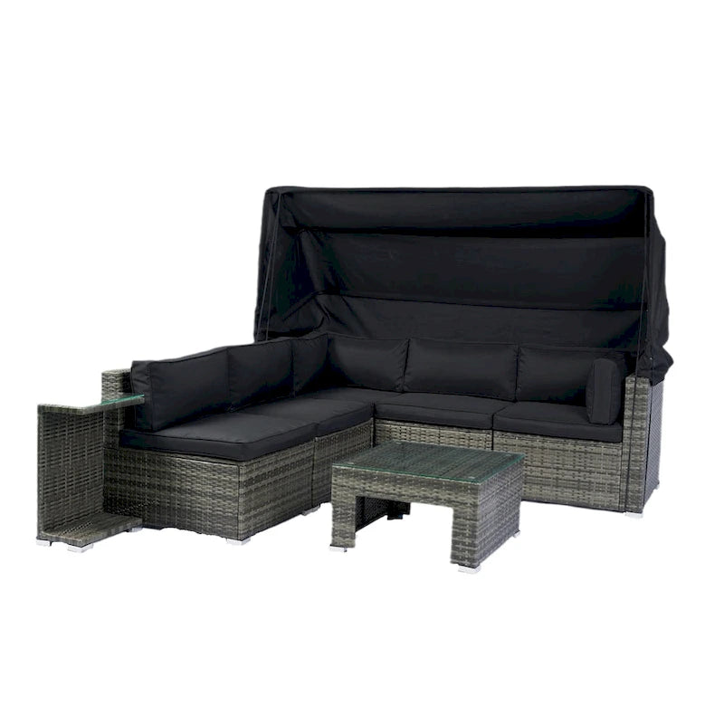7-Piece Patio Furniture Set with Retractable Canopy - Grey Wicker, Black Cushions