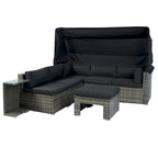 7-Piece Patio Furniture Set with Retractable Canopy - Grey Wicker, Black Cushions