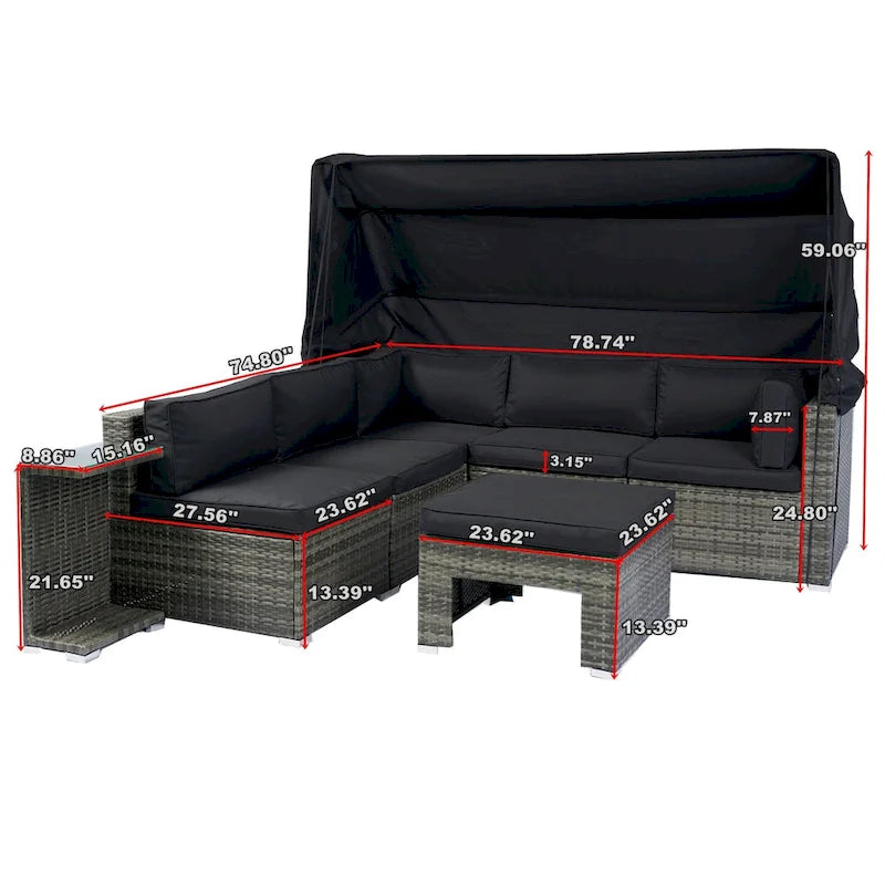 7-Piece Patio Furniture Set with Retractable Canopy - Grey Wicker, Black Cushions
