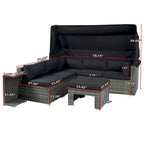 7-Piece Patio Furniture Set with Retractable Canopy - Grey Wicker, Black Cushions