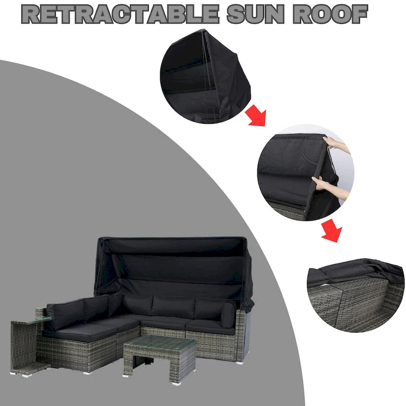 7-Piece Patio Furniture Set with Retractable Canopy - Grey Wicker, Black Cushions