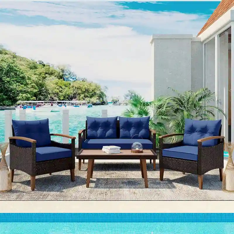 Blue Functional 4-Piece Garden Furniture Patio Seating Set with Thick Pillows
